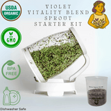 Violet Vitality Blend Sprout Starter Kit with sprouts, guide, and USDA Organic and Non-GMO labels on a white background.