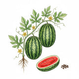 Illustration of watermelons on a vine with leaves and flowers, including a sliced watermelon and seeds. WATERMELON Seeds, Jubilee