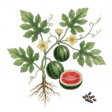 Illustration of a watermelon plant with fruits, leaves, and seeds on a white background WATERMELON Seeds, Sugar Baby