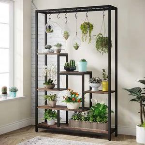 Modern Industrial Heavy Duty Metal Wood Plant Stand with 10 Hanging Hooks - FREE SHIPPING