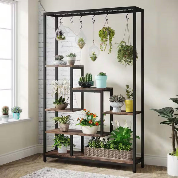 Modern Industrial Heavy Duty Metal Wood Plant Stand with 10 Hanging Hooks - FREE SHIPPING