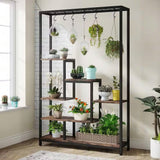 Modern Industrial Heavy Duty Metal Wood Plant Stand with 10 Hanging Hooks - FREE SHIPPING