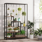 Modern Industrial Heavy Duty Metal Wood Plant Stand with 10 Hanging Hooks - FREE SHIPPING