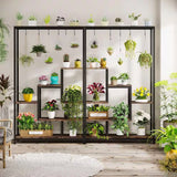 Modern Industrial Heavy Duty Metal Wood Plant Stand with 10 Hanging Hooks - FREE SHIPPING