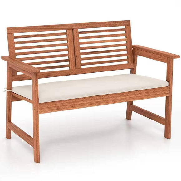 Solid Wood Outdoor Patio Garden Bench w/ Slatted Back Armrests and Seat Cushion - FREE SHIPPING