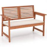 Solid Wood Outdoor Patio Garden Bench w/ Slatted Back Armrests and Seat Cushion - FREE SHIPPING