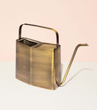 Brass watering can on a light pink and white background