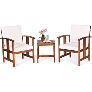 3-Piece Solid Wood Outdoor Patio Furniture Table Chairs Set with White Cushions - FREE SHIPPING