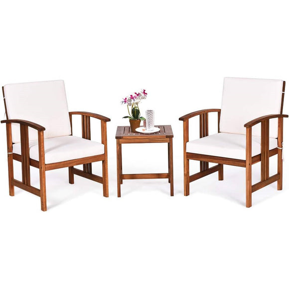 3-Piece Solid Wood Outdoor Patio Furniture Table Chairs Set with White Cushions - FREE SHIPPING