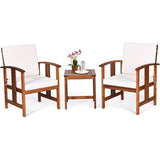3-Piece Solid Wood Outdoor Patio Furniture Table Chairs Set with White Cushions - FREE SHIPPING