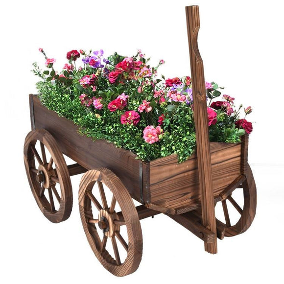 Outdoor Garden Fir Wood Barrel Planter Wagon on Wooden Wheels - FREE SHIPPING