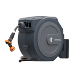 Retractable garden hose reel with nozzle on a transparent background