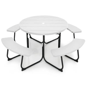 White Outdoor Metal and HDPE Picnic Table Bench Set with Umbrella Hole - Seats 8 - FREE SHIPPING