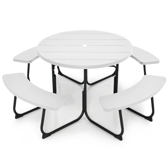 White Outdoor Metal and HDPE Picnic Table Bench Set with Umbrella Hole - Seats 8 - FREE SHIPPING