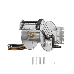 Faucet and hose reel with accessories on a white background