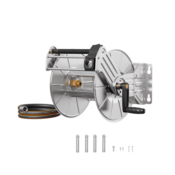 Faucet and hose reel with accessories on a white background