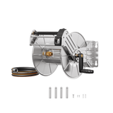 Faucet and hose reel with accessories on a white background