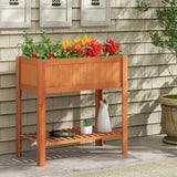 Wooden planter box with plants against a wooden wall