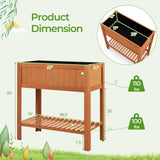 Wooden planter with dimensions and weight information on a green background