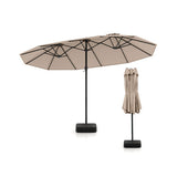 Beige patio umbrella with stand on a white background