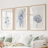 Three framed floral prints on a wall above a sofa.