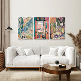 Modern living room with a white sofa, wooden coffee table, and colorful Henri Matisse Abstract Painting Wall Art Prints on the wall.