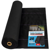 Roll of black super geotextile weed barrier with a label on a white background