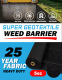 Super geotextile weed barrier with roll of fabric and promotional text on a blue background