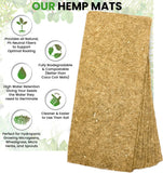 A stack of natural brown hemp growing mats shown on a white background with green decorative leaves and text callouts describing benefits such as natural ph neutral fibers, biodegradability, water retention, and suitability for microgreens and sprouts.