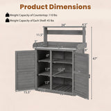Product dimensions diagram of a gray outdoor storage cabinet with open doors and labeled measurements, plus text stating weight capacity of countertop 110 lbs and each shelf 45 lbs, on a light beige background.