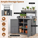 Gray outdoor storage cabinet with a wide tabletop, top shelf, double door cabinet, side hooks, and shelving, shown with labeled features and small accessory icons on a light background.