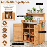 A wooden outdoor storage cabinet with a built-in workbench, top shelf, potted plants, watering can, and side hooks, shown on a stone floor with callout labels and feature icons on the left.
