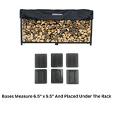 Woodhaven firewood rack with black cover and firewood, accompanied by five black rubber bases.