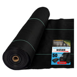 Roll of black woven geotextile fabric with a label on a white background