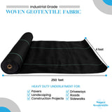 Roll of woven geotextile fabric with specifications on a white background
