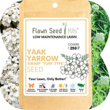Flawn Seed Kits packaging for Yaak Yarrow dwarf turf-type seed with floral and grass background
