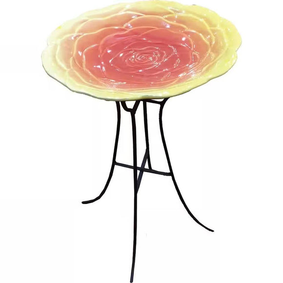 Outdoor Yellow Pink Ceramic Floral Birdbath with Metal Stand - FREE SHIPPING