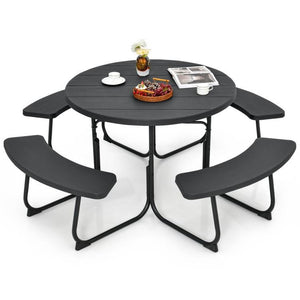 Black Outdoor Metal and HDPE Picnic Table Bench Set with Umbrella Hole - Seats 8 - FREE SHIPPING