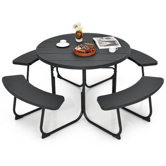 Black Outdoor Metal and HDPE Picnic Table Bench Set with Umbrella Hole - Seats 8 - FREE SHIPPING