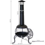 Black metal chiminea with dimensions indicated on a white background
