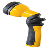 Yellow and black garden hose nozzle on a white background