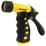 Black and yellow Dramm garden hose spray nozzle on a white background