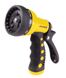 Yellow and black garden hose nozzle with multiple spray settings on a white background