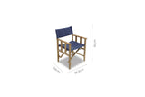 Blue director's chair with dimensions on a white background