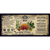 Label of MYCO Matrix Organic Reishi Extract with ingredients and benefits listed.