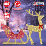 Decorative light-up reindeer with sleigh on a snowy background, featuring battery power, indoor/outdoor use, and 8 lighting modes.