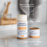Mineral deodorant with features highlighted on a neutral background
