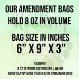 Text detailing amendment bag specifications on a light green background with floral elements.