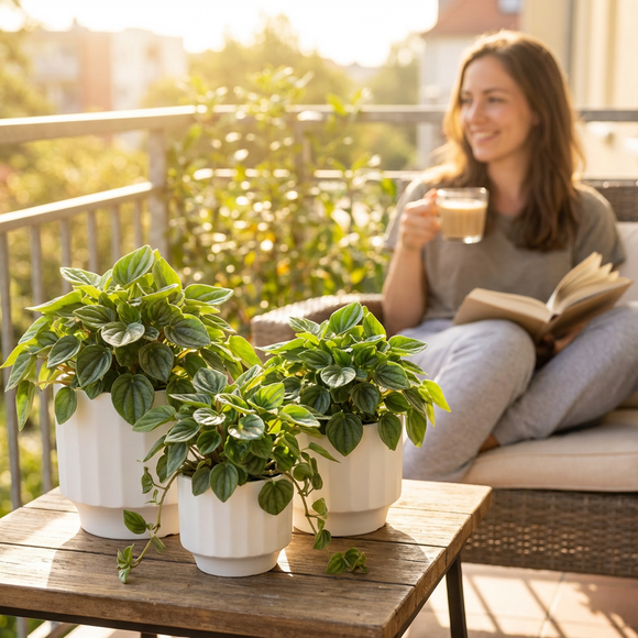 Woman sitting on a balcony with plants and a book, enjoying a drink 3-Piece White Stoneware Planter Set with Fluted Design