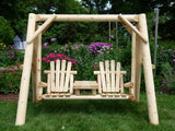 Wooden swing set with two chairs in a garden setting